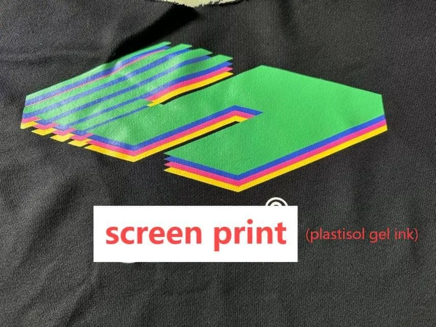 Multicolour plastisol screen-print reference with layered colour edges on black fabric