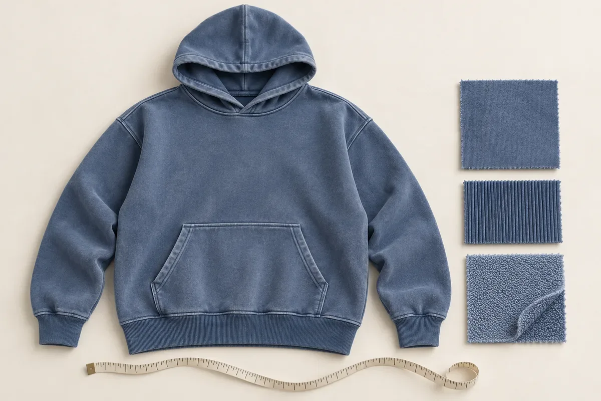 Illustrative washed blue hoodie with visible pocket seams, rib cuffs and waistband, beside body-knit, rib-knit and reverse-side fabric swatches