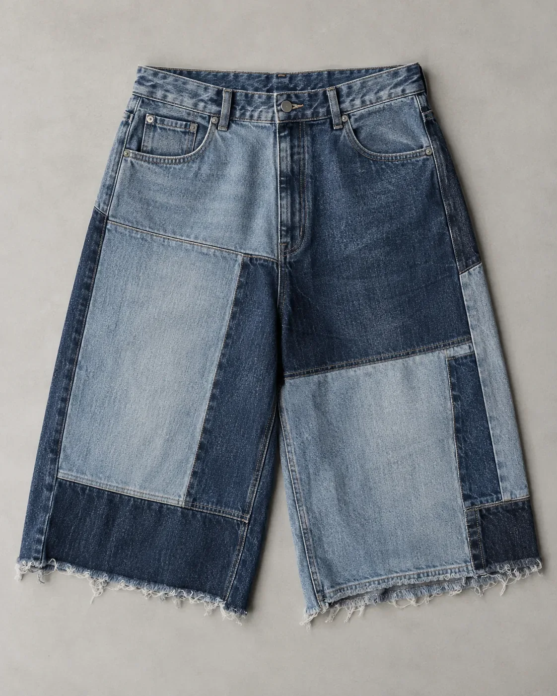 Denim shorts pieced from several denim washes