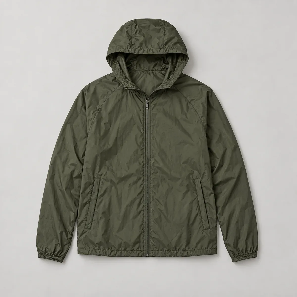 Hooded nylon shell windbreaker with a full front zip
