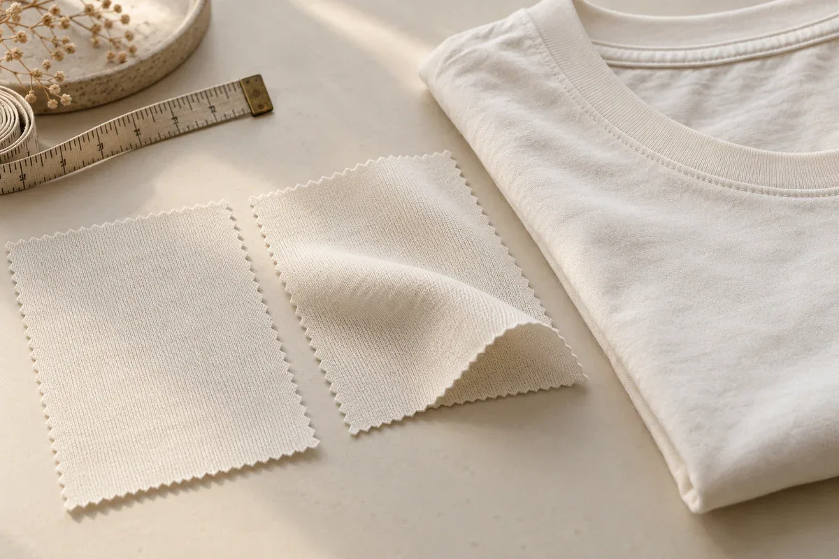 Cream cotton-knit swatches beside a T-shirt neckline, illustrating fabric and sewn-sample checks
