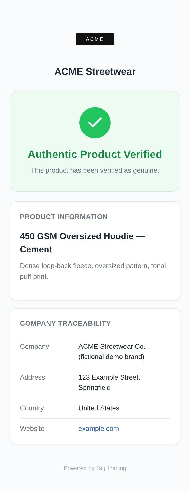 Mobile verification page showing a green Authentic Product Verified result with product details and company traceability