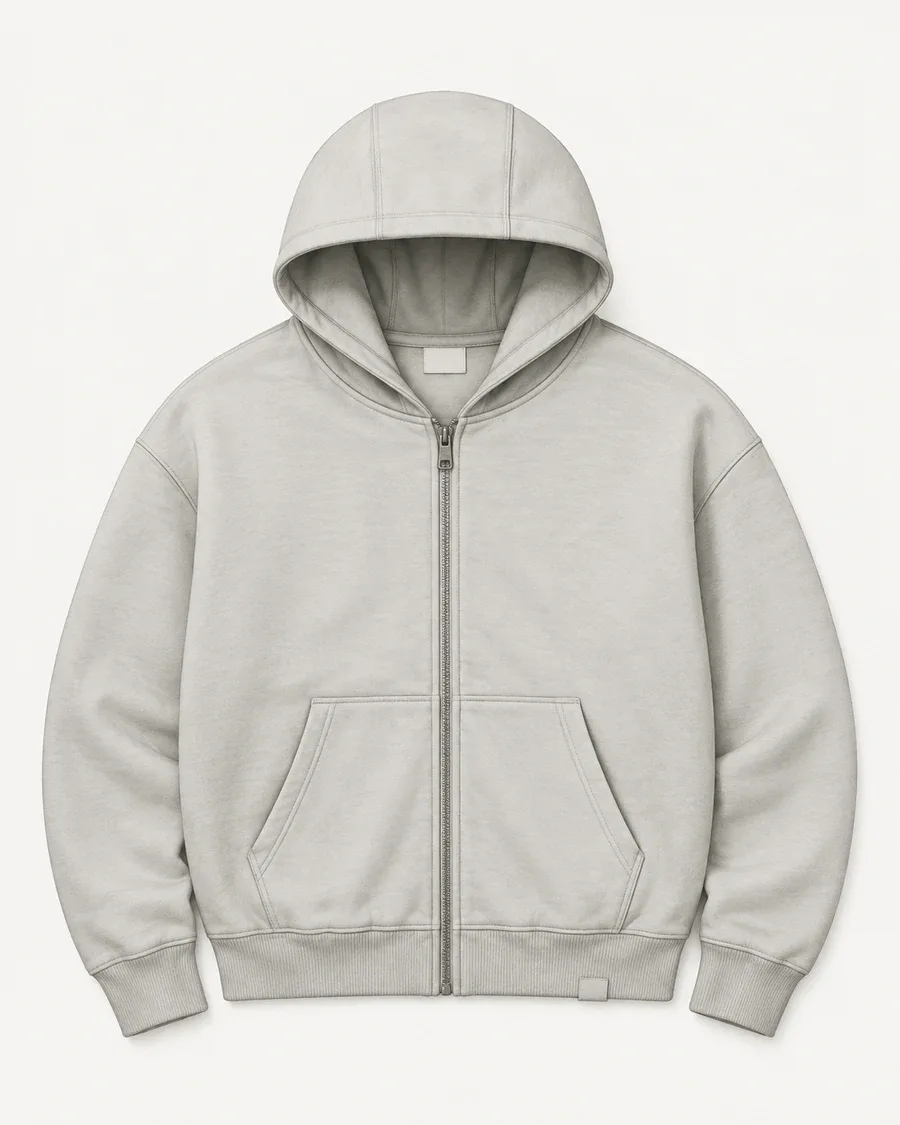 Detailed zip hoodie construction concept showing a panelled hood, shoulder seams, centre zipper, split pockets, rib cuffs and labels