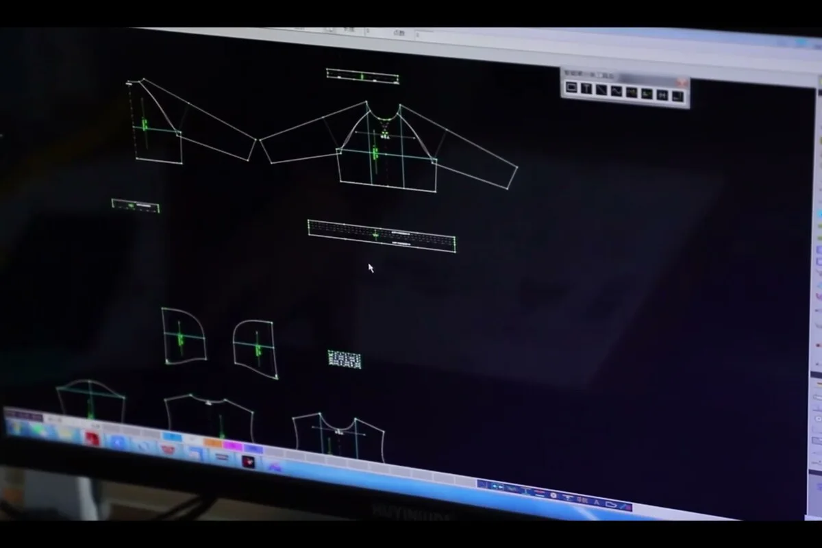 Hoodie pattern pieces on a pattern-making screen