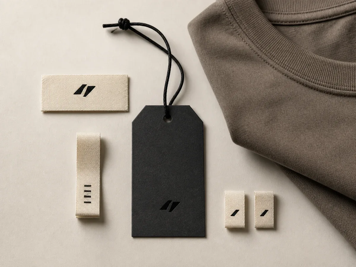 Illustration of coordinated neck labels, care labels and a hang tag