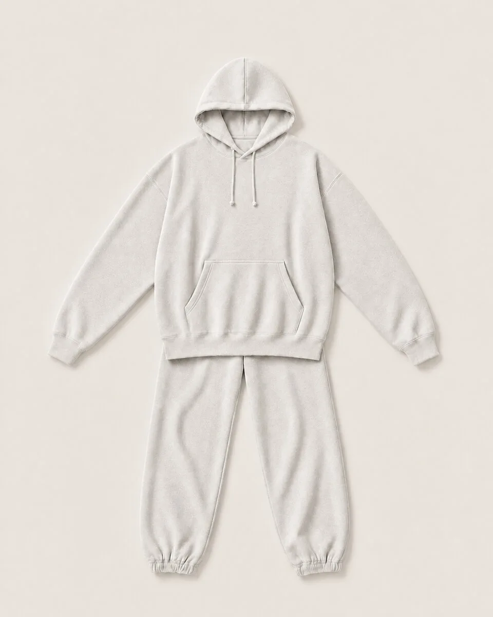 Cream hoodie and joggers shown as a paired silhouette reference