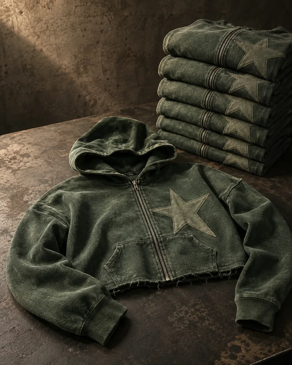 An approved washed zip hoodie sample in front of a stack of matching bulk pieces