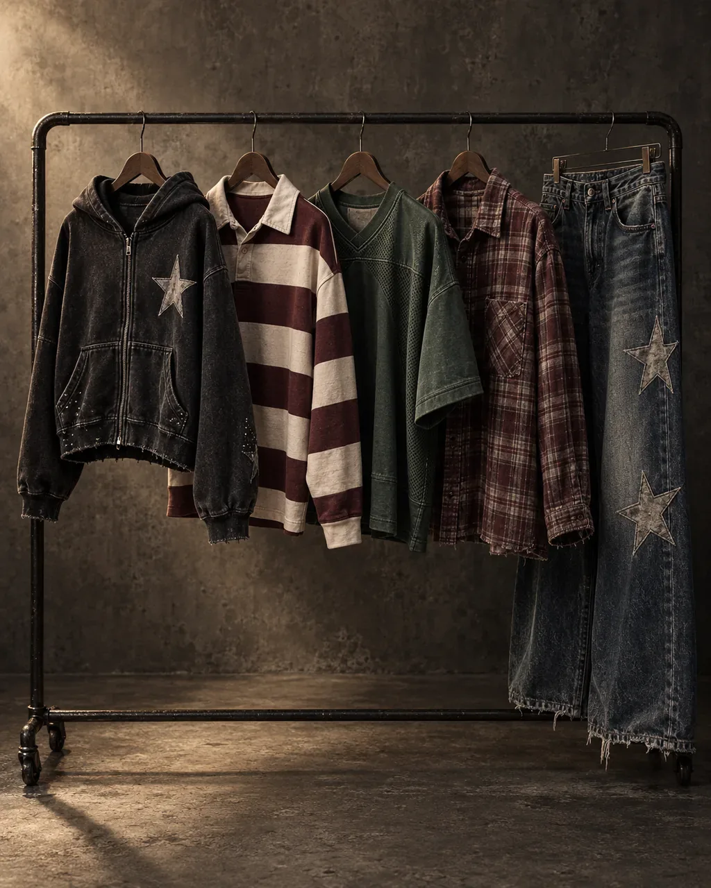 A rail holding a washed zip hoodie, rugby shirt, jersey, flannel and star-patch denim from one drop