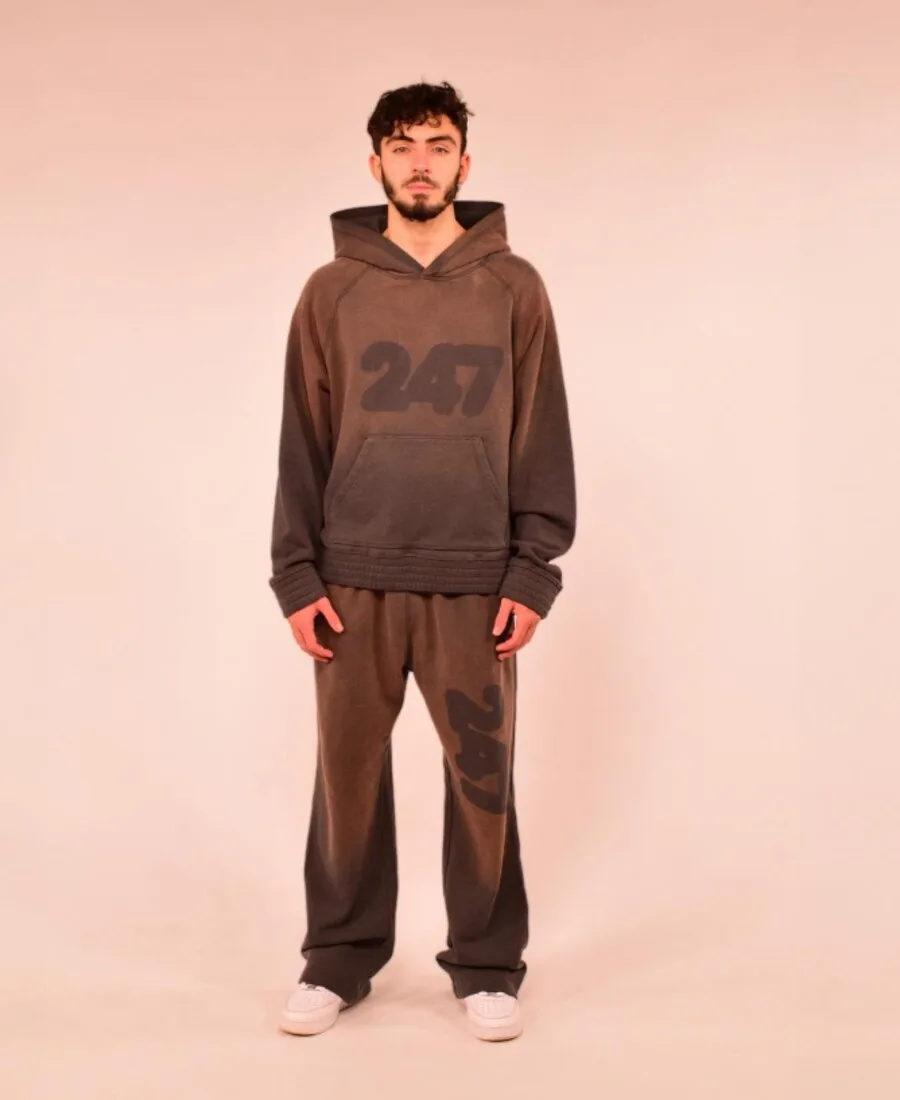 Brown hoodie and matching trousers shown together as a streetwear outfit reference