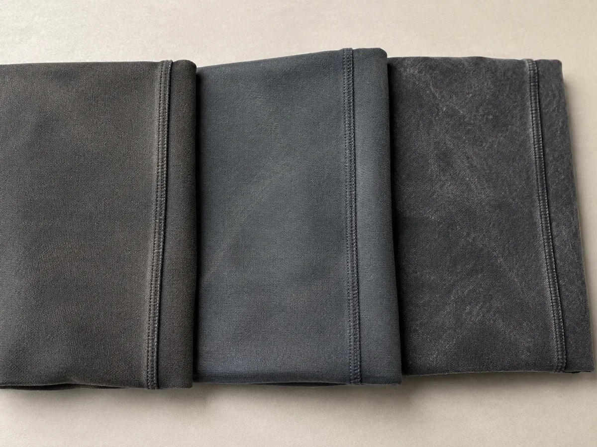 Concept illustration of three fabric finishes: softly faded, tonal and marbled