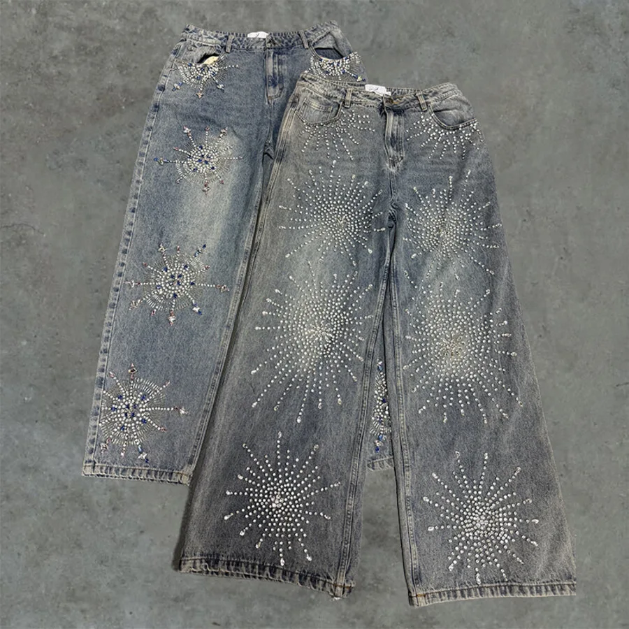 Washed wide-leg denim sample with decorative stitching