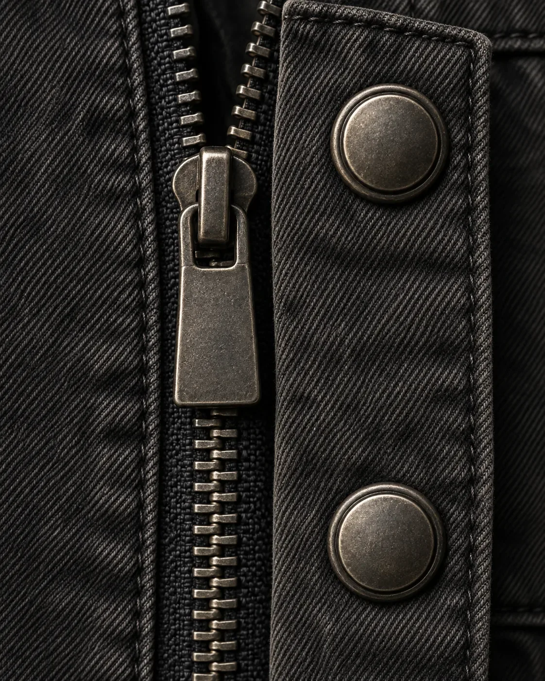 Antique-metal zipper, puller and snaps on a twill placket