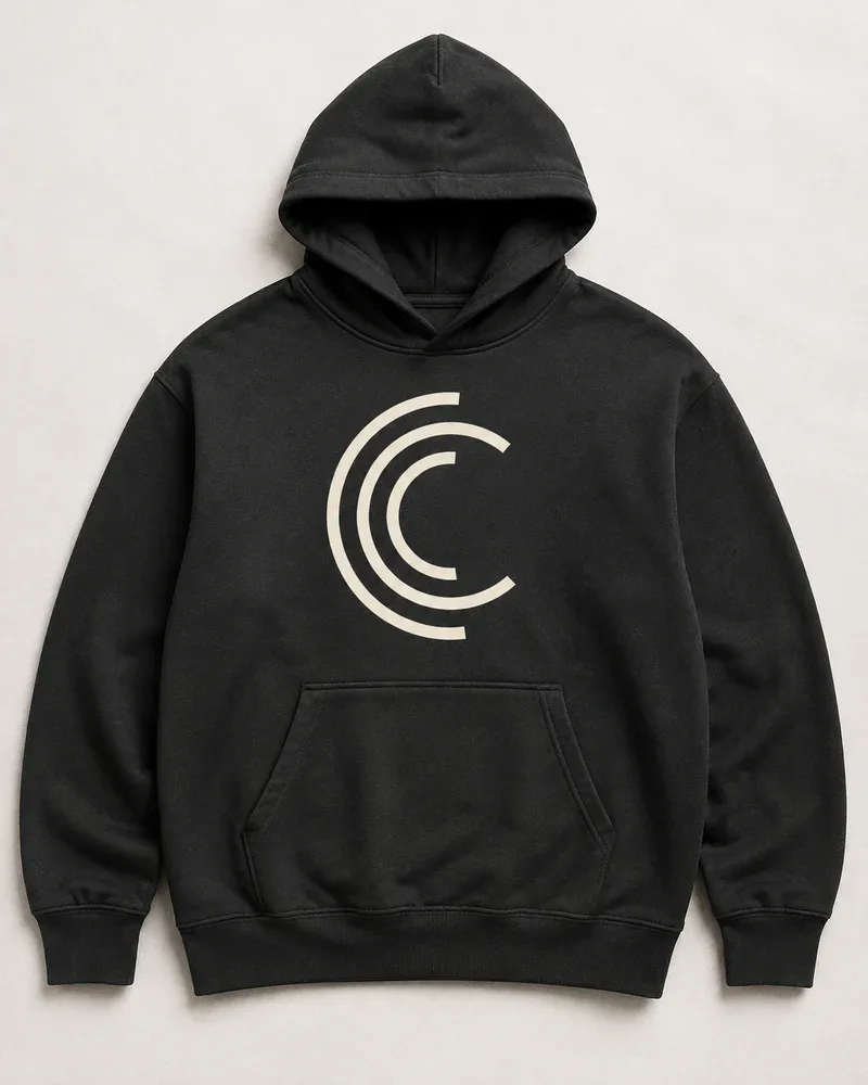 Charcoal graphic hoodie concept with original cream arc artwork