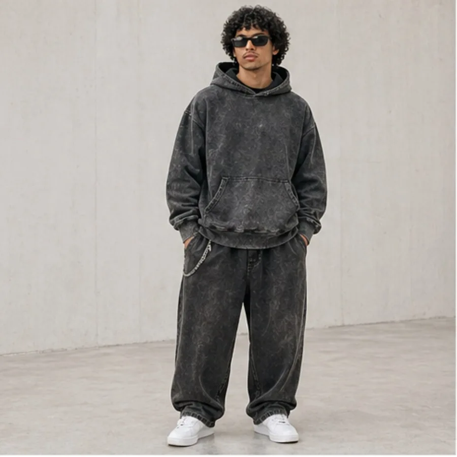 Washed charcoal hoodie and sweatpants worn together