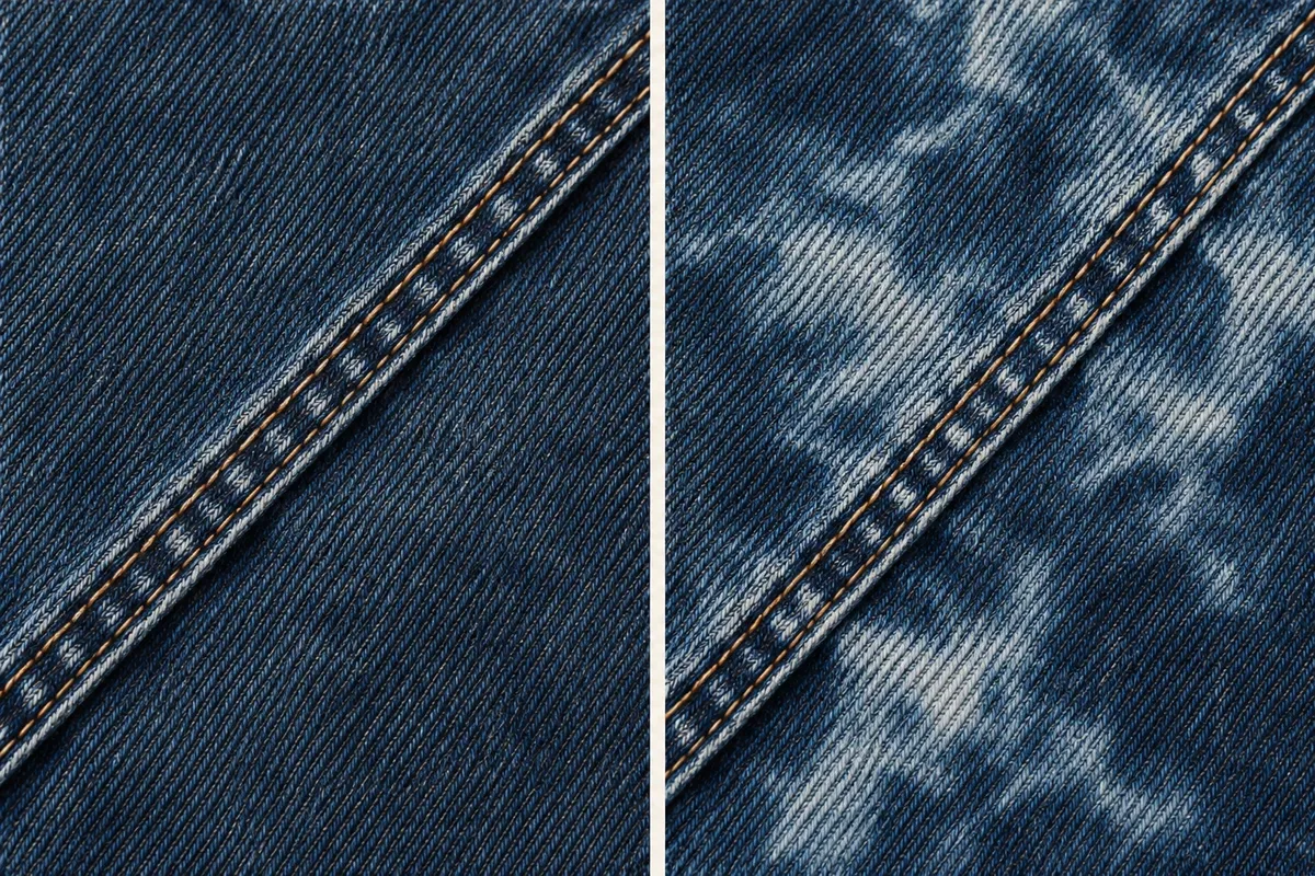 Illustrative indigo twill close-ups: subtle fading along a raised seam on the left, and stronger pale mottling across the fabric on the right