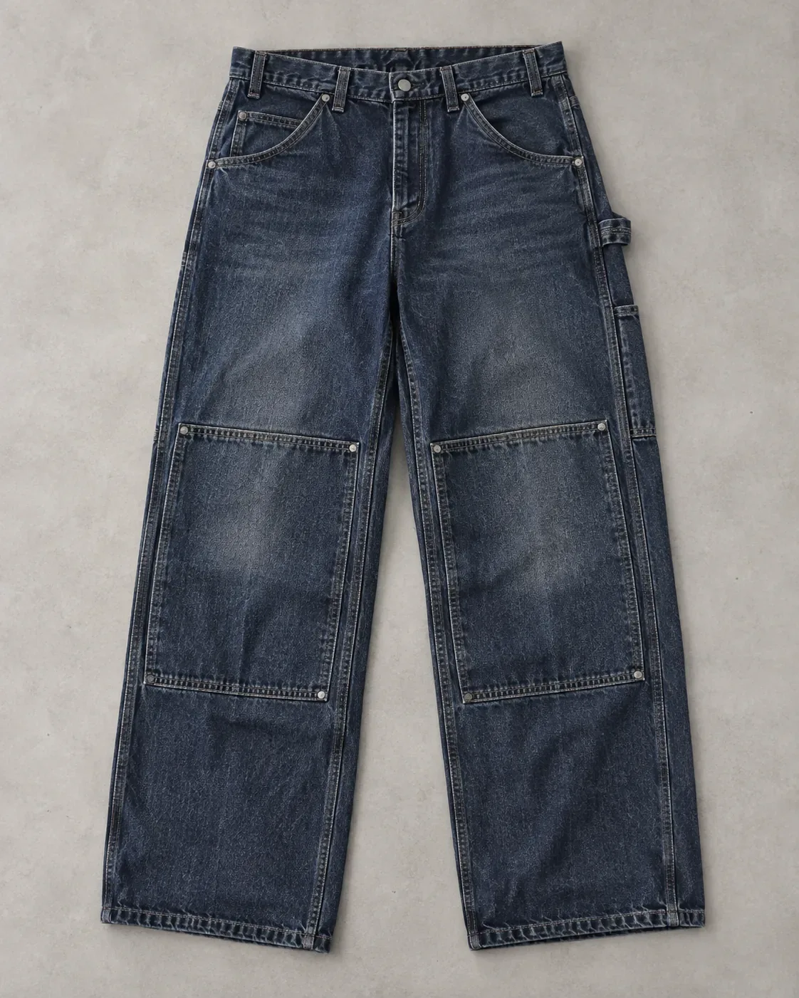 Washed indigo carpenter jeans with hammer loop and double knees