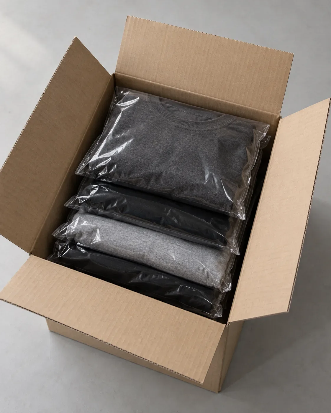 Polybagged garments packed in a shipping carton