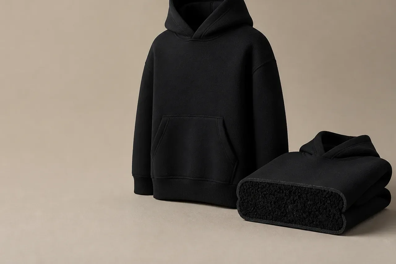 Heavyweight black hoodie with folded fleece beside it