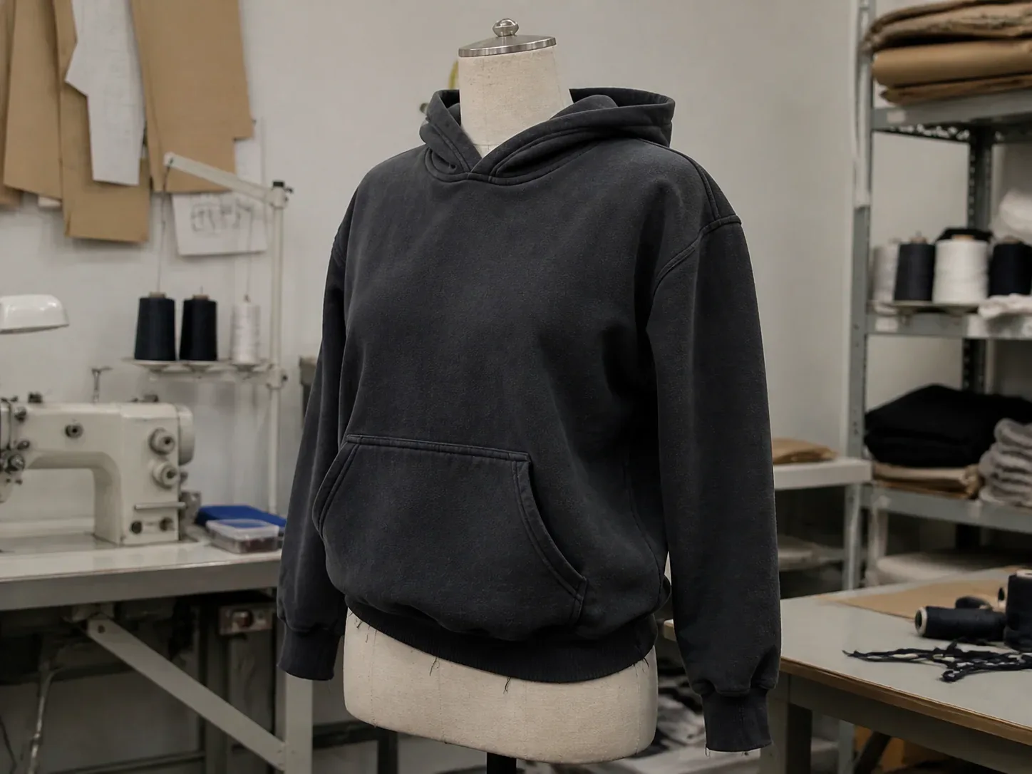 First sample on a dress form in the sample room