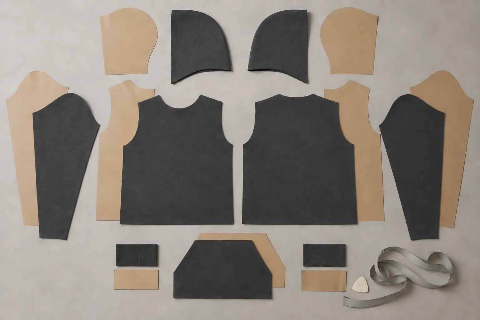 Cut fleece hoodie panels laid out beside paper pattern pieces on a cutting table