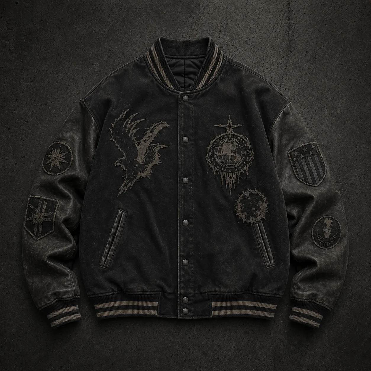 Varsity jacket reference with decorated panels and rib trims