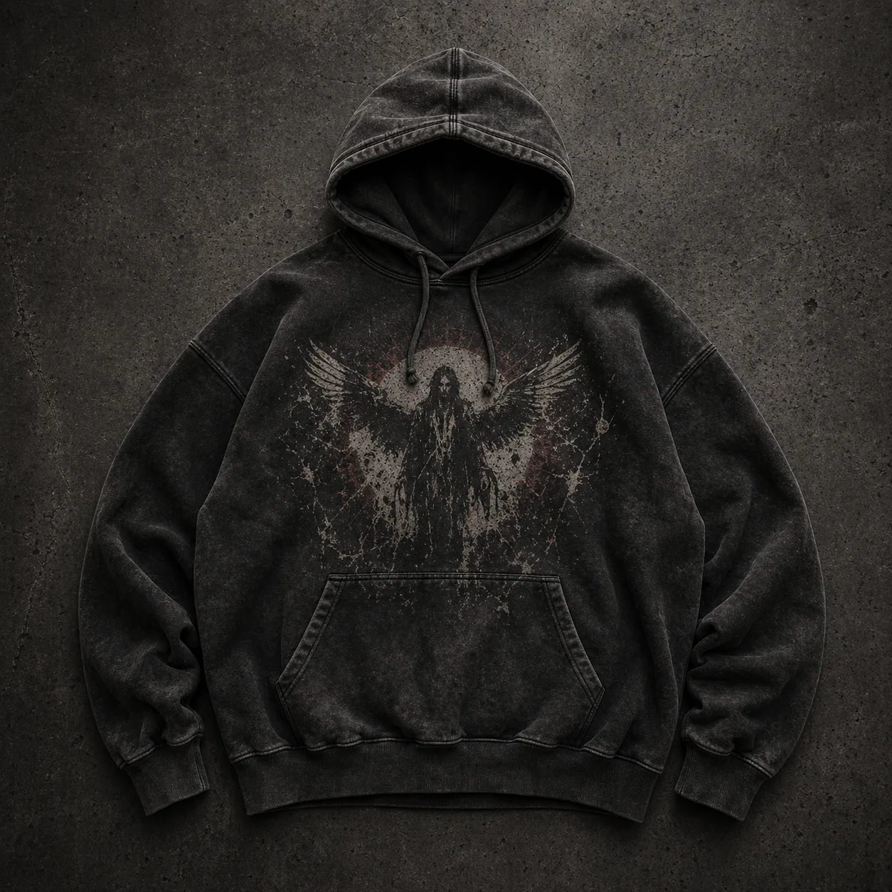Washed black hoodie with a large tonal front graphic