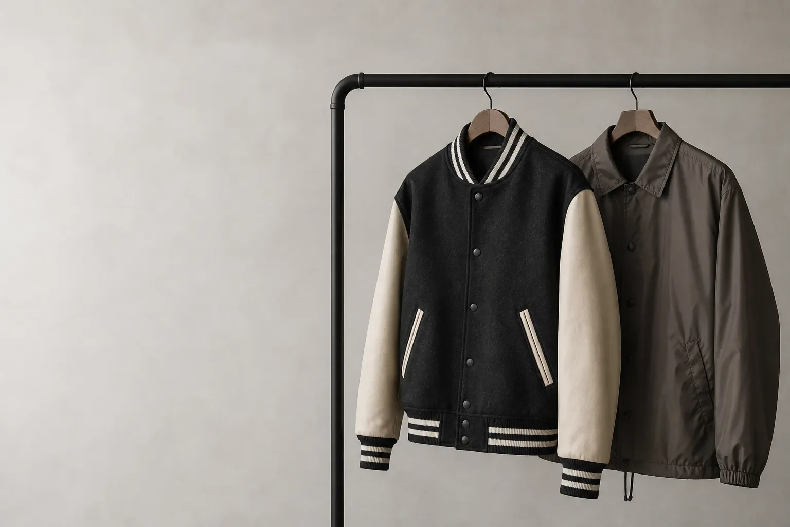 Varsity and coach jacket samples hanging on a rail