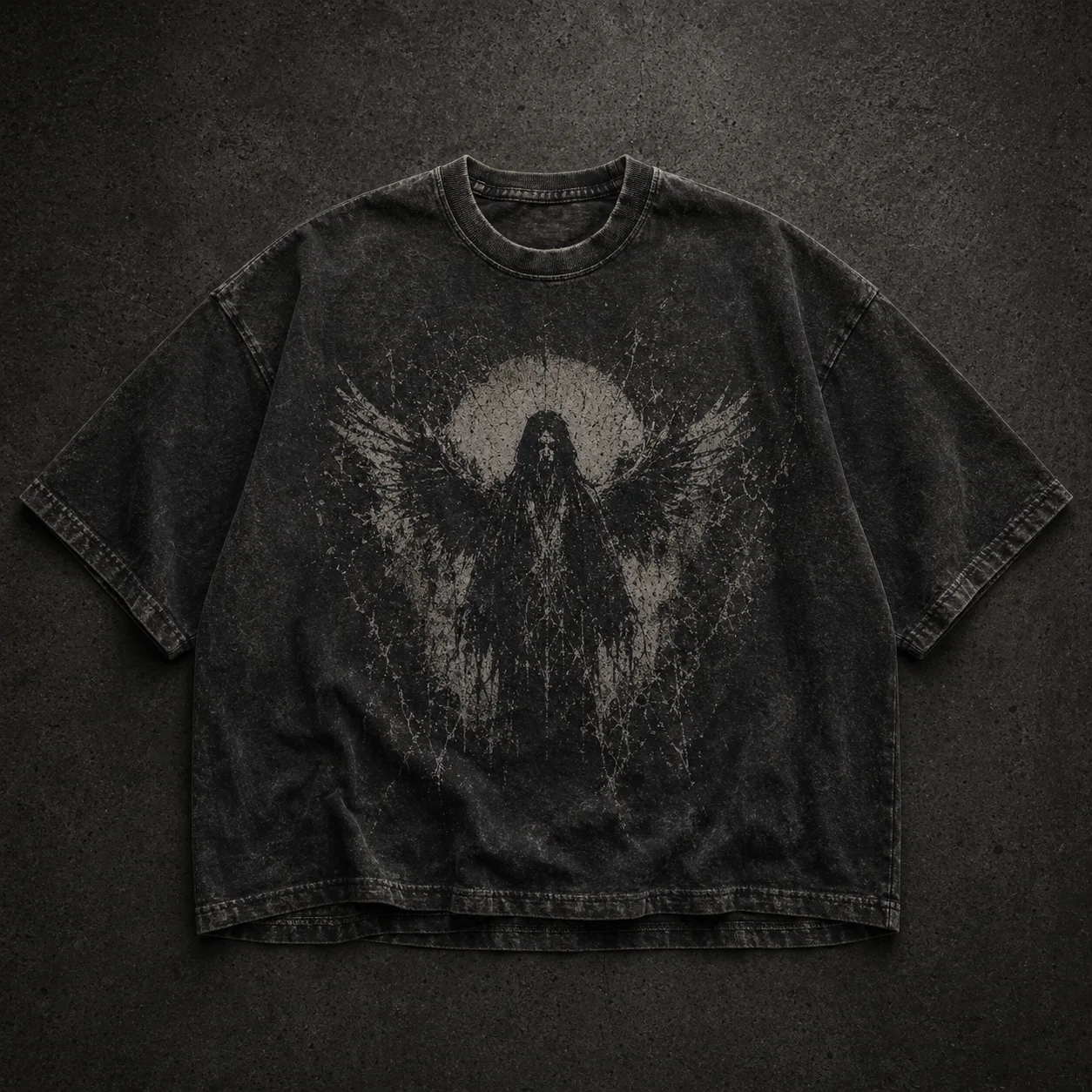 Charcoal T-shirt with a faded surface and distressed graphic