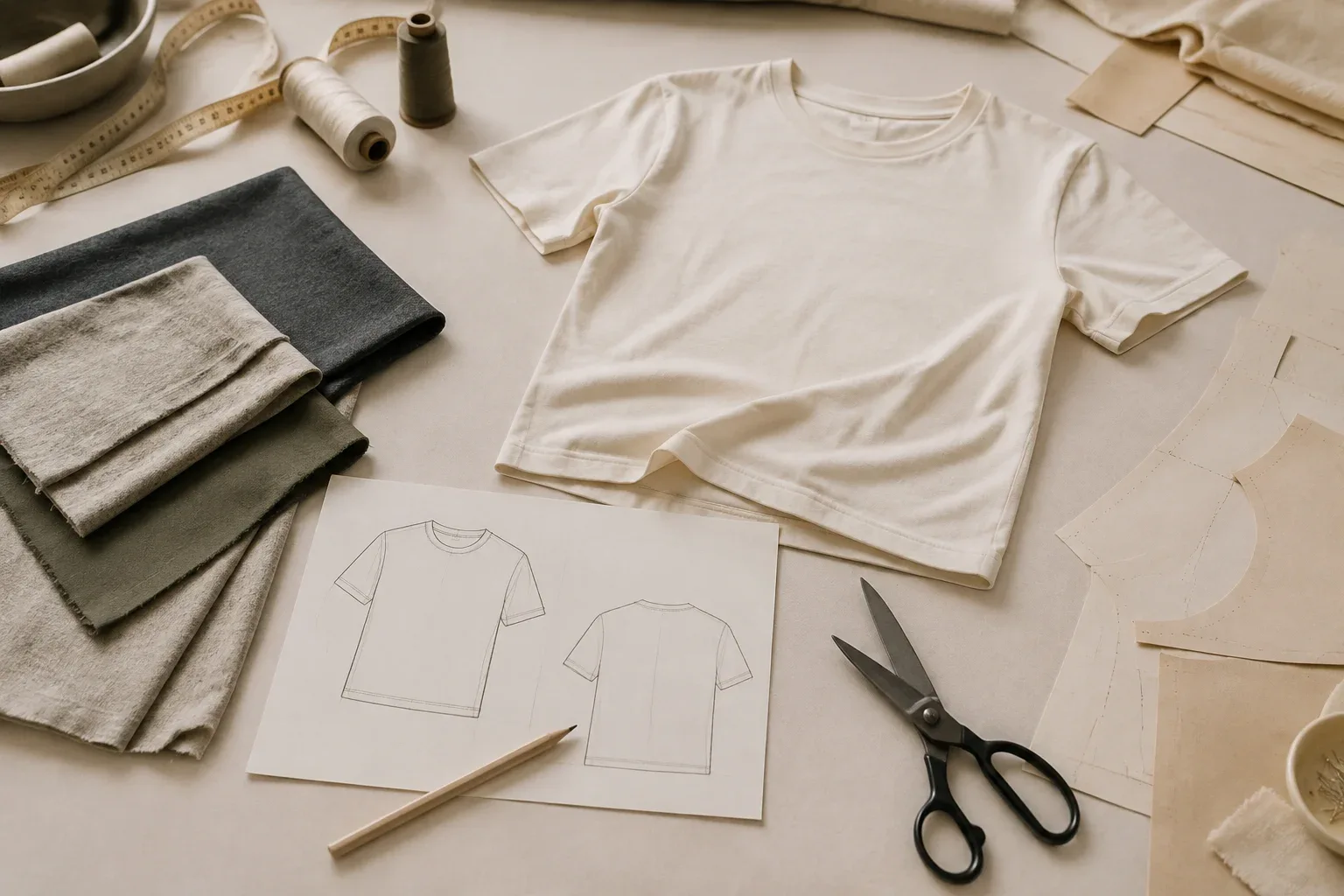 Clothing development worktable with a cotton T-shirt sample, fabric swatches, garment sketches and tailoring tools