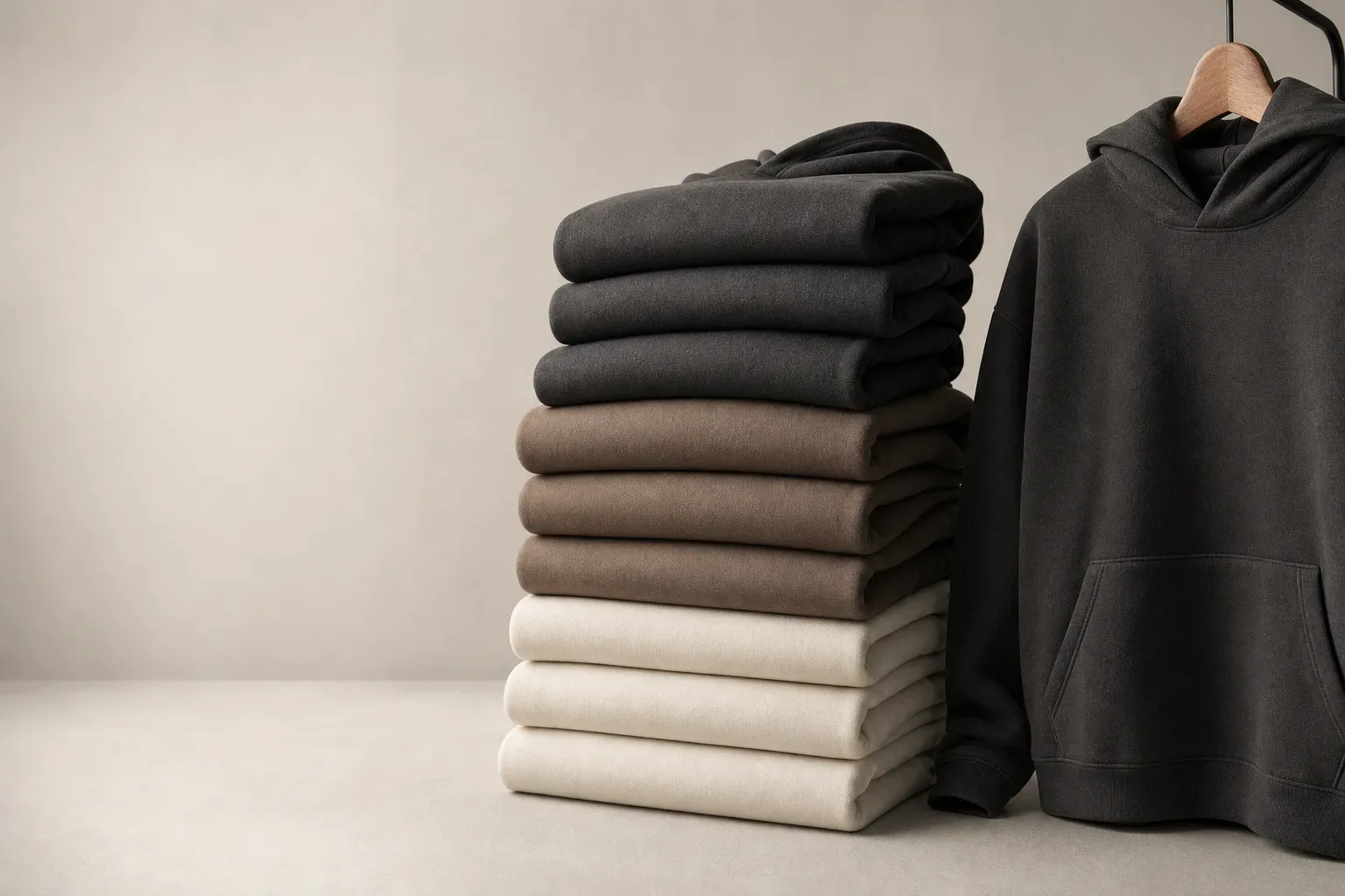 Stack of folded hoodies in several colours