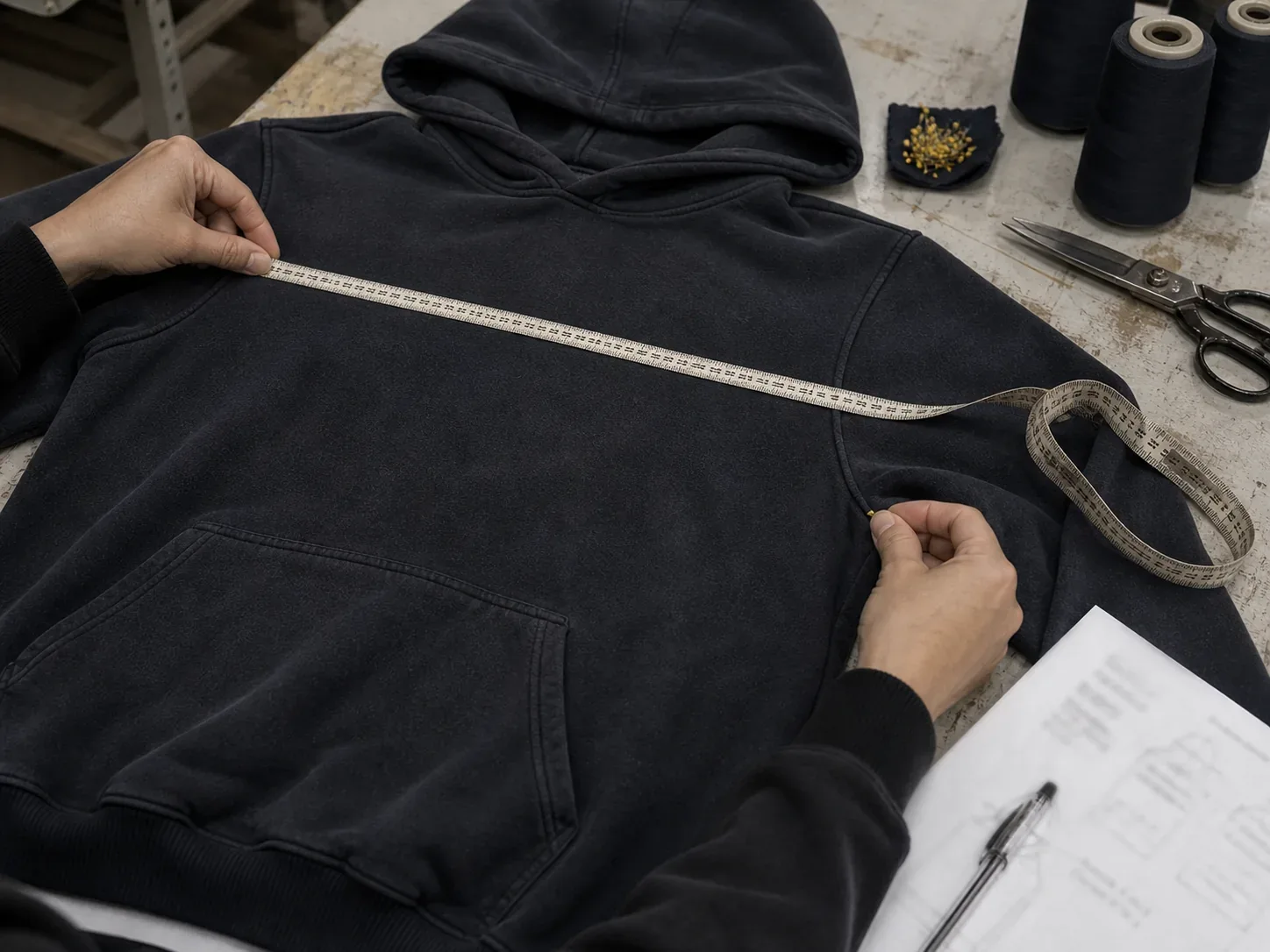 Measuring a sample hoodie against the spec sheet