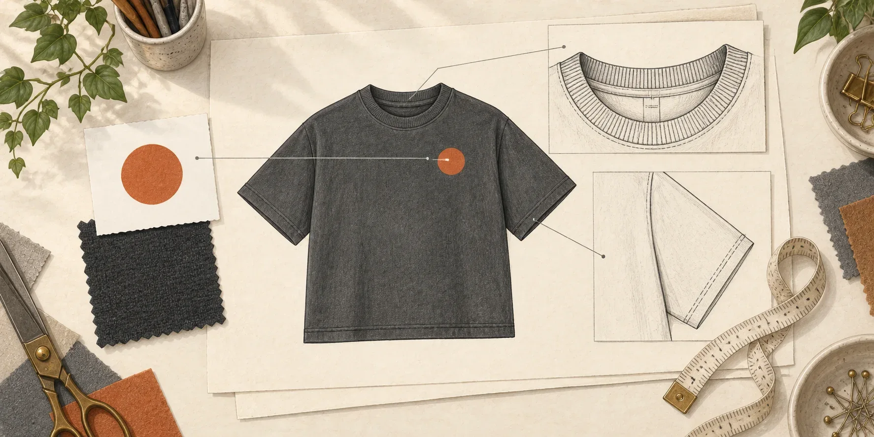 Illustrated charcoal T-shirt with separate chest artwork, collar detail and sleeve construction references