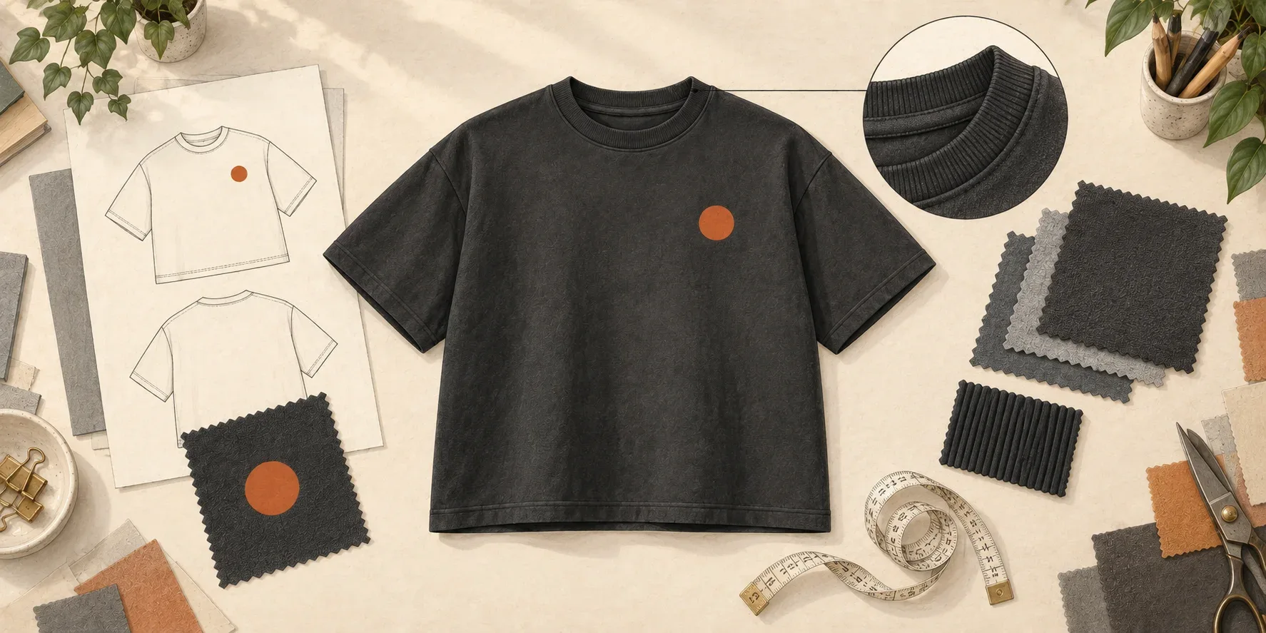 Illustrated T-shirt sample beside a printed fabric test, cotton swatches and a close view of the collar