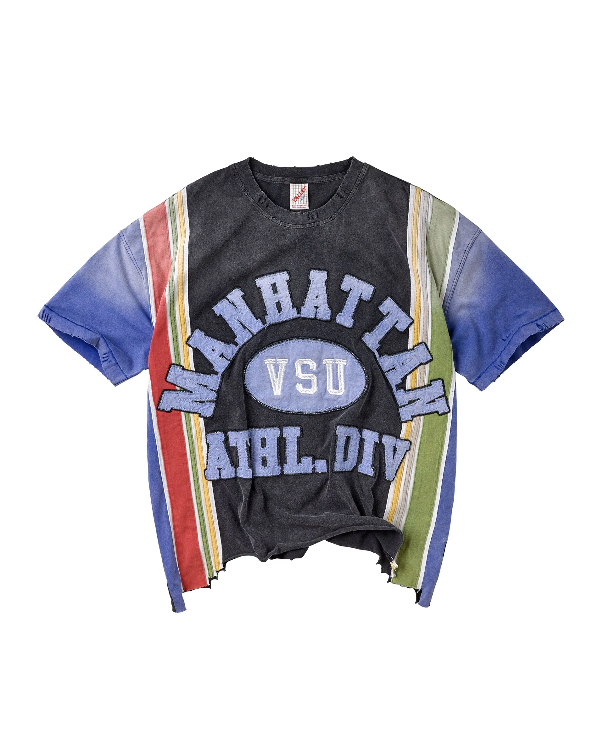 Black and multicolour panelled T-shirt with large pale blue Manhattan athletic appliqué lettering