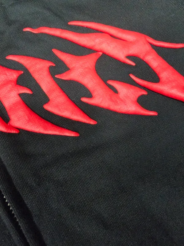 Close view of textured artwork on a garment