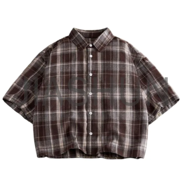 Brown White Grid Checkered Vintage Oversized Boxy Button Up Shirt