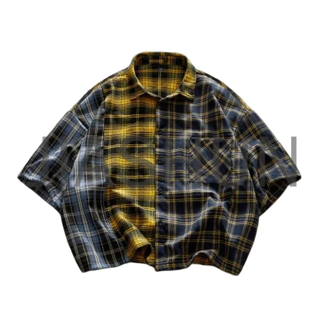 Oversized Cropped Blue-Yellow Plaid Patchwork Button-Front Shirt